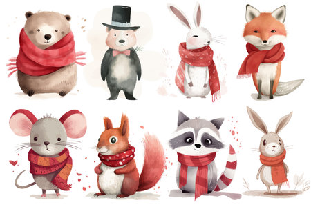 Safari Animal set a bear, a raccoon, a mouse, a hare, a squirrel and a fox in a red scarf, a bear in a top hat, in 3d style. Isolated vector illustrationのイラスト素材