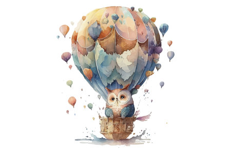 Safari Animal set owl in hot air balloon in watercolor style. Isolated vector illustrationのイラスト素材
