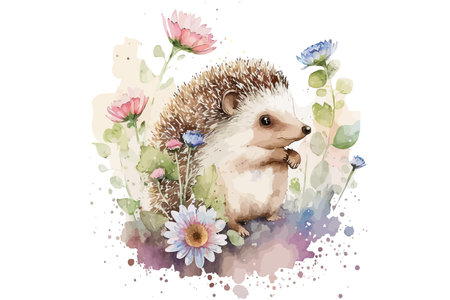 Safari Animal set a hedgehog with flowers in watercolor style. Isolated vector illustrationのイラスト素材