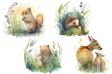 Safari Animal set a deer with a fawn, a hedgehog with a small hedgehog, a bear with a small bear cub, a squirrel with a squirrel in the grass in flowers in watercolor style. Isolated vector illustrationのイラスト素材