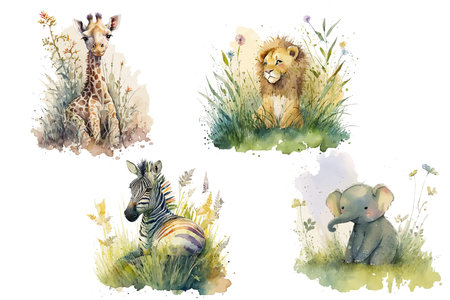 Safari Animal set zebra, lion, elephant, giraffe sitting in the grass in watercolor style. Isolated vector illustrationのイラスト素材