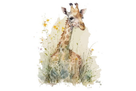 Safari Animal set giraffe sitting in the grass in watercolor style. Isolated vector illustrationのイラスト素材