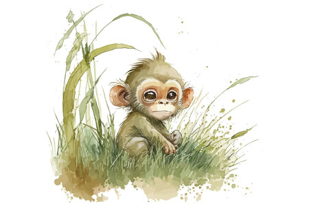 Safari Animal set monkey in the grass in watercolor style. Isolated vector illustrationのイラスト素材