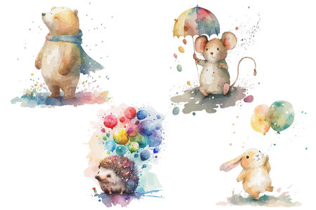 Safari Animal set a hedgehog, rabbit, mouse, bear on holiday in watercolor style. Isolated vector illustrationのイラスト素材