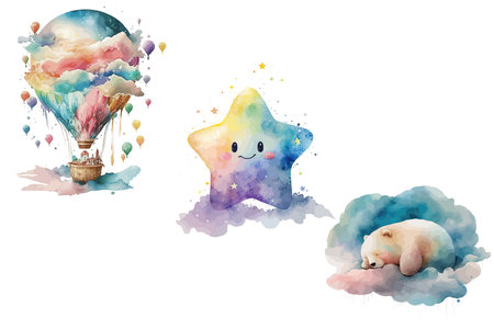 Safari Animal set hot air balloon, bear sleeps on a cloud, star in watercolor style. Isolated vector illustrationのイラスト素材