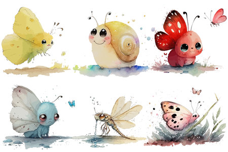 Safari Animal set snail, dragonfly, blue, yellow, pink and red butterfly in watercolor style. Isolated vector illustrationのイラスト素材