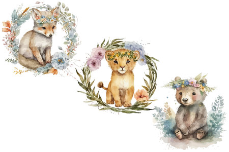 Safari Animal set Lion, bear and fox with a wreath of feathers on their heads in watercolor style. Isolated vector illustrationのイラスト素材