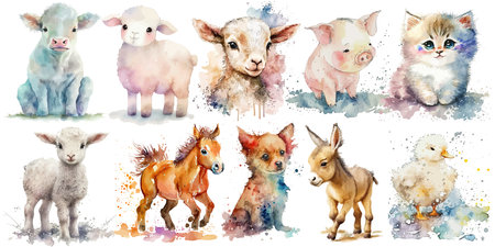Safari Animal set cow, pig, goat, dog, cat, sheep, horse, donkey, duck, lamb in watercolor style. Isolated vector illustrationのイラスト素材