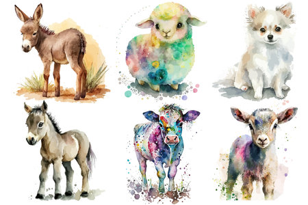 Safari Animal set donkey, lamb, horse, cow, goat, dog in watercolor style. Isolated vector illustrationのイラスト素材