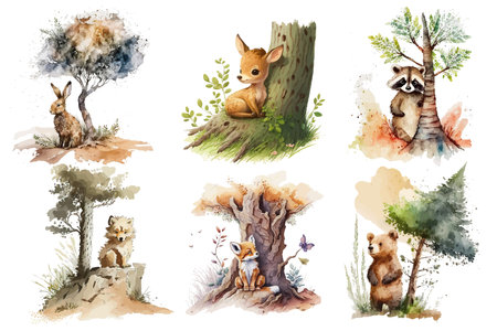 Safari Animal set deer, fox, raccoon, wolf, hare, bear near the tree in watercolor style. Isolated vector illustrationのイラスト素材