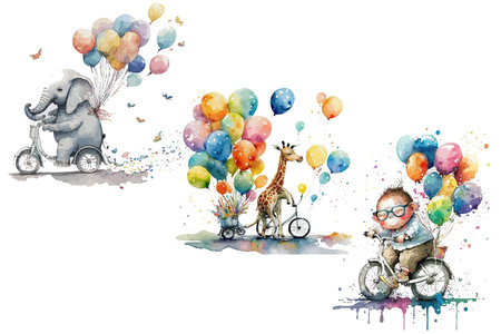 Safari Animal set macaque, giraffe and elephant on a bike with balloons in watercolor style. Isolated vector illustrationのイラスト素材