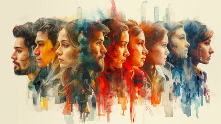 In this minimal magazine sketch collage of people of different cultures communicating modern technologies isolated on a beige color background, there are diverse groups of people communicatingの素材