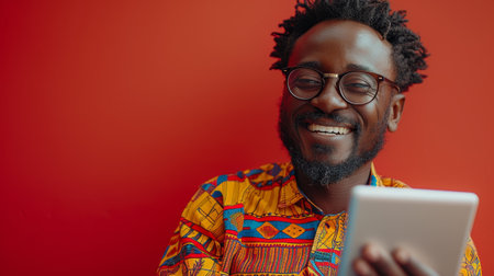 An African male is amusing himself while scrolling on an app on a tablet while standing against a red studio background. He is reading an email and typing on his phone.の素材