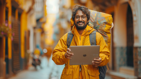 An Indian man using his laptop and mobile phone advertising digital products for work and learning, standing isolated on a yellow background. Full length vertical shot.の素材