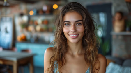 Happy latin woman on laptop using blue background. Smiling female holding computer with advertisement for job search, shopping website, online services concept.の素材