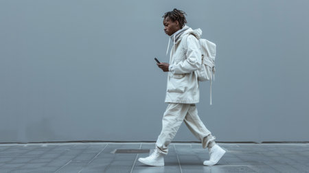Young man walking and using a phone isolated on a white background in full lengthの素材