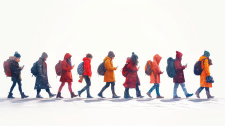 An isolated white background shows people using mobile phones as they walk and talkの素材