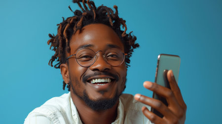 An African American millennial in casual wear with glasses, using a modern cellphone, looking at the camera with excitement.の素材