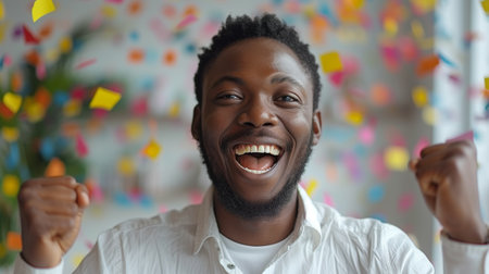 This is a close-up of a young handsome african businessman, isolated over a white background, looking excited about what he sees on his tablet.の素材