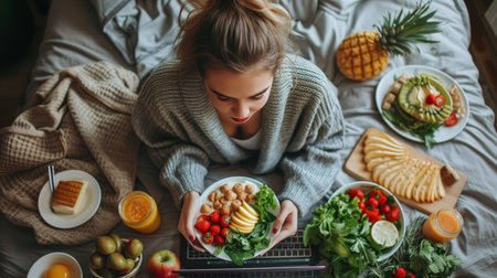 Top view of a woman eating breakfast in her home office while working on her laptopの素材