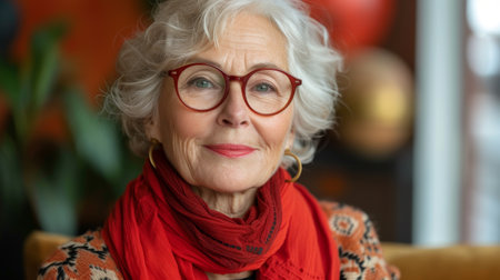 Stylish and energetic senior woman at home in an isolated portraitの素材
