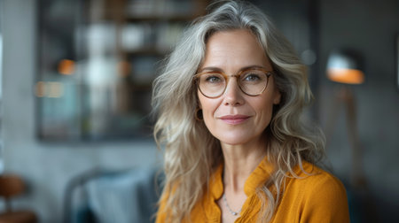 Middle-aged elegant older professional woman leader, consultant manager, holding a digital tablet on a grey wall promoting corporate online e-learning webinars.の素材