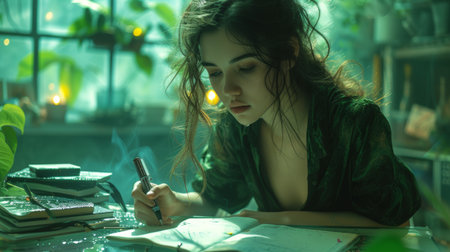 Among technology, a businesswoman is making notes and making notesの素材