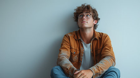 A surprised young man sits on the floor on a white background with glassesの素材