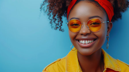 African woman holding cellphone alone, studio shot. Mobile application for business, eyewear advertisement, e-date service for singles.の素材