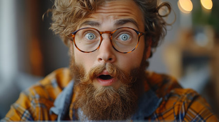 Funny promotion poster depicting a crazy bearded guy holding a laptop in his hands and looking at the camera in a surprised or shocked expression. Laptop concept.の素材