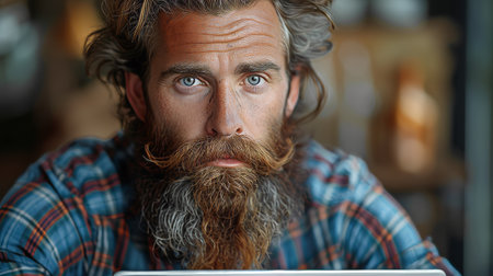 An attractive young bearded man with a shocked or surprised expression. A funny promotion poster showing a programmer, web developer holding a laptop.の素材
