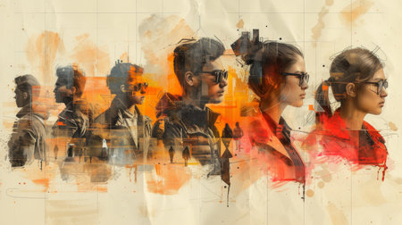 Isolated beige color background with minimal magazine sketch collage of diversity group communicating modern technologiesの素材