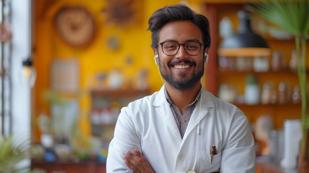 Smiling ethnic guy holding pad wearing earbud advertising virtual class webinars or audio books. Indian man using tablet standing on yellow background.の素材