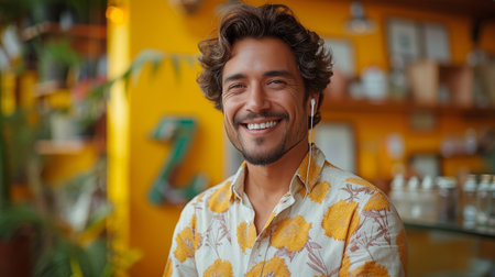 Indian man using digital tablet standing isolated on yellow background. Smiling ethnic guy holding pad wearing earbud advertising virtual classes.の素材