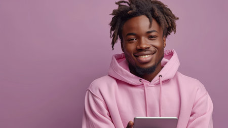 Stylish African American teenager holding digital tablet and pointing to device advertising online learning isolated on light purple background wearing pink hoodie.の素材