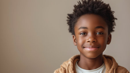 A cool young African American teenager boy holding a laptop promoting remote learning and online webinars isolated on a light beige background.の素材