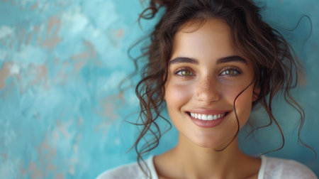 Smiling latin girl holding laptop presenting online job search website, online shopping website, online service advertisements isolated on blue background.の素材