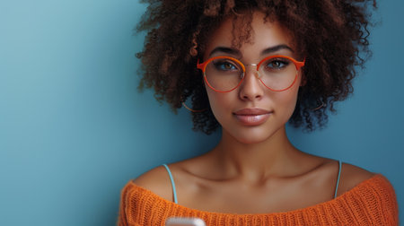 On a blue backdrop, an attractive young latin woman holding her cellphone is smiling happily, doing online shopping, using apps on her smartphone, looking aside at copy space.の素材