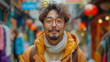 Angry Asian man and phone on a blue background pointing up in studio for an online personal question, idea or decision on a mobile app.の素材