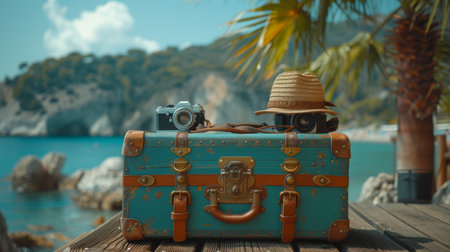 In the background, there is a tropical sea, a beach and a palm three. A summer holiday traveling design banner with copyspace features a vintage suitcase, hipster hat, camera and passport on a woodenの素材