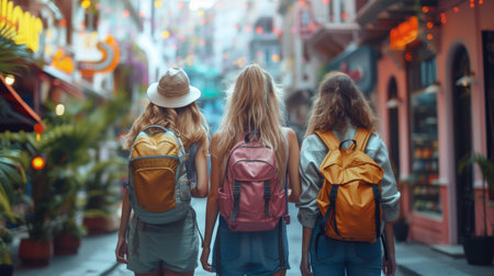 Beautiful girls looking for direction in the city. Fun, friends, travel, and tourism concept.の素材