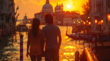 Traveling couple enjoying a romantic evening on a city street in Venice, Italy - Tourism and love conceptの素材