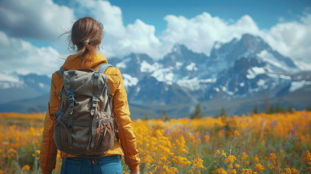 Traveling in Bashkiria, Russia. Russian mountains. Walking tour of the Bashkiria Mountains, Aigir. A trip in the mountains with a backpack. Copy space.の素材