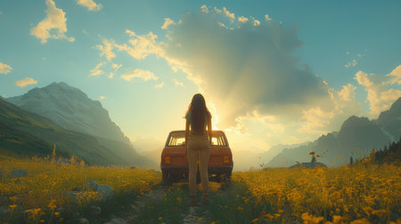 Beautiful young woman on summer vacation in the mountainsの素材