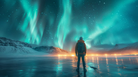 View of unrecognizable traveler admiring green majestic polar lights during trip through Icelandの素材
