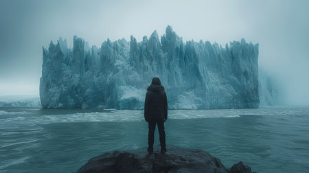 Posing on the ice formations of the Perito Moreno glacier, Argentinaの素材