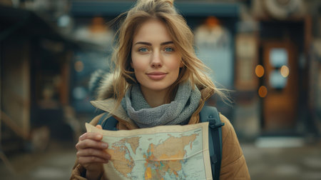 The street is filled with tourists carrying maps and travel guides in Europeの素材