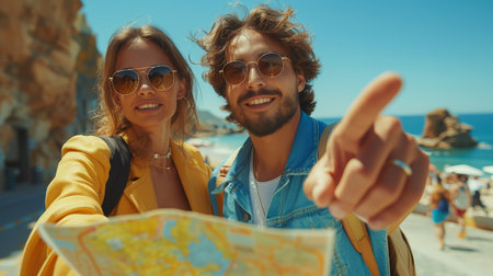 In this image, we see a multiethnic couple using a local map together on a sunny day, with a man pointing forward to a copy space. Honeymoon trip, backpacker tourist, Asia city tourism, or vacationの素材
