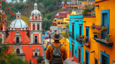 This colorful historical center in Guanajuato is visited by a Mexican man.の素材