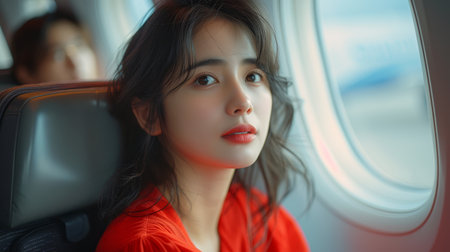 Woman in Asian dress sitting on the floor of an airplane watching the world from the window while she is going on a vacation travel conceptの素材